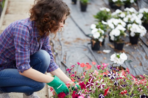 Gardener working safely in a residential garden with tools